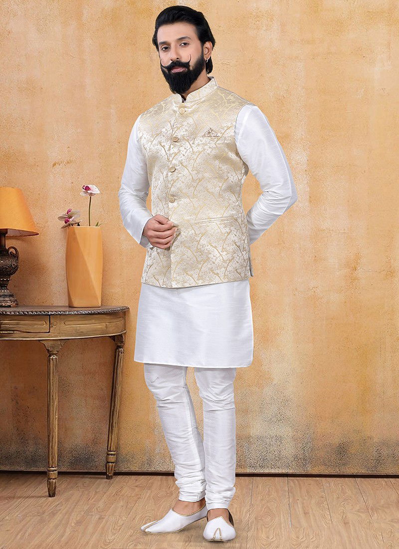 Cream Gold Designer Jacquard Party Wear Kurta Pajama With Jacket Collection 1257